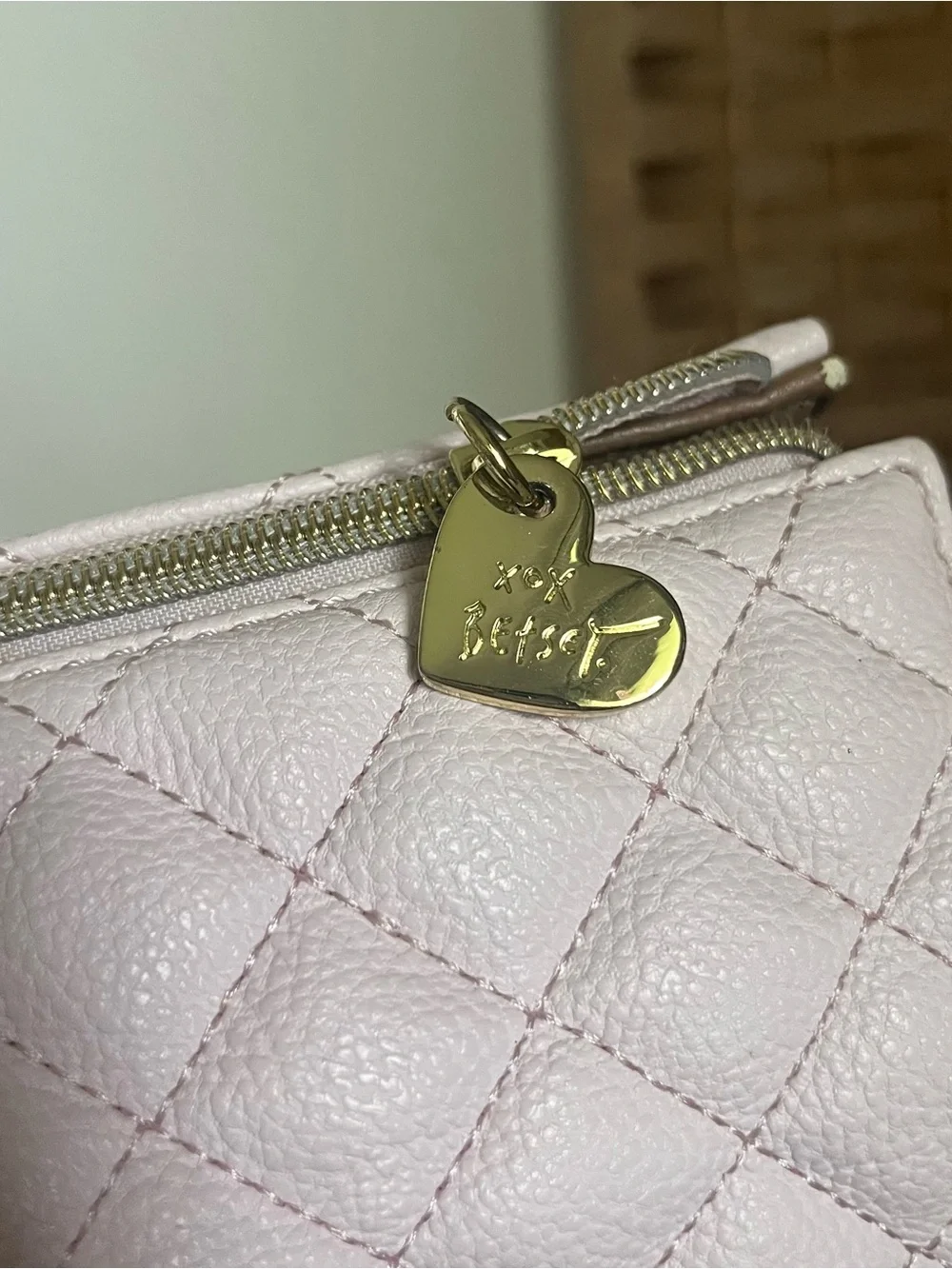 Betsey Johnson Pink Quilted Crossbody with Brown Trim & Cream Bow